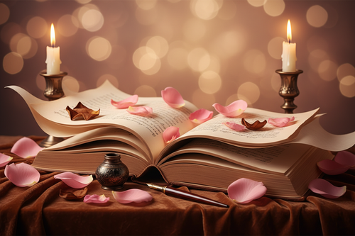 Histoire longue personnalisée - Livre ouvert avec plume et pétales de rose