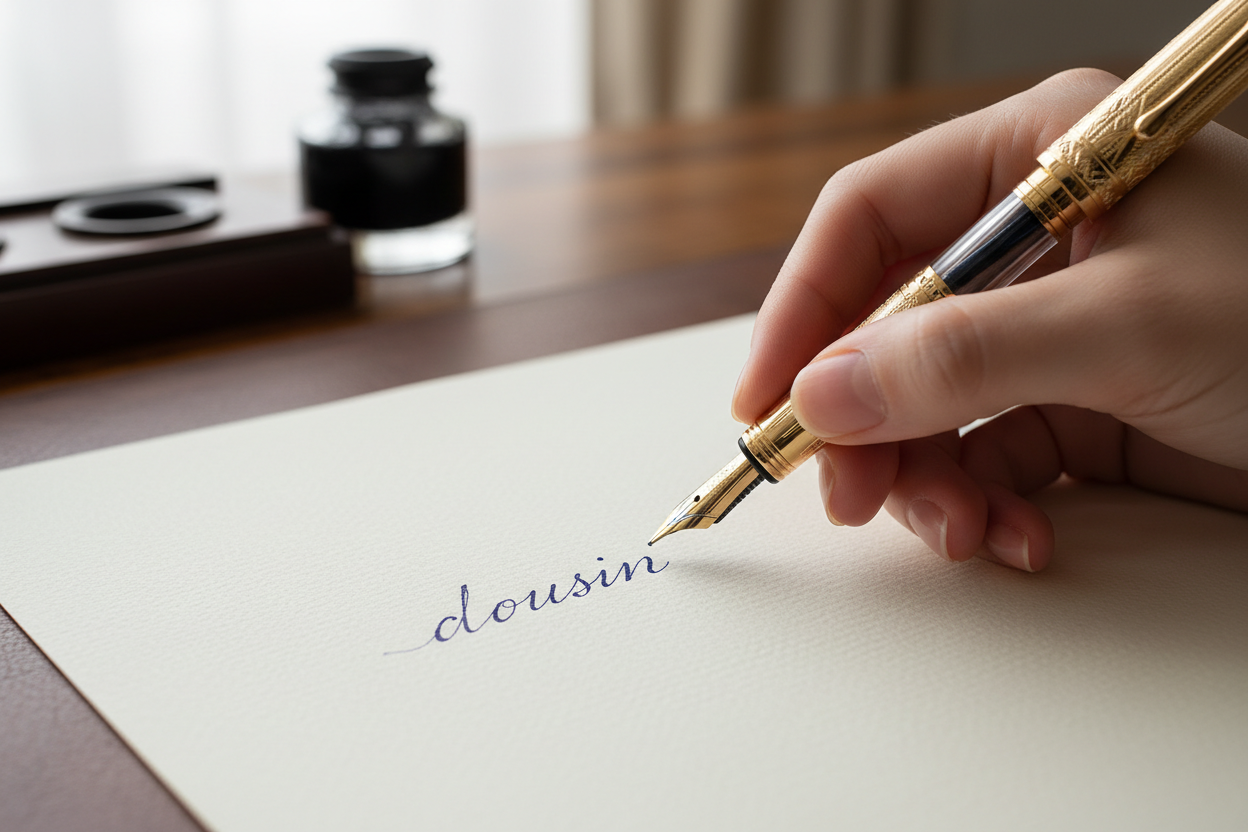 une main écrivant "doussin" avec une plume ou un stylo plume